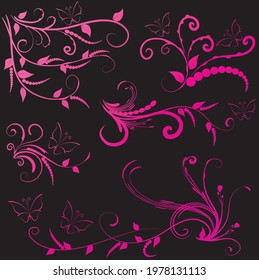 Calligraphic decorative elements with lines and butterfly design set