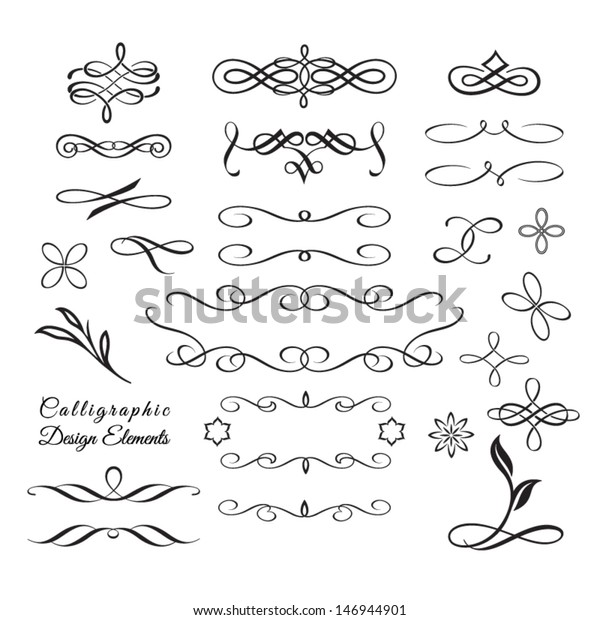 Calligraphic decorative elements in vector\
format. Ideal for creative layout, greeting cards, invitations,\
books, brochures, stencil and many more\
uses.