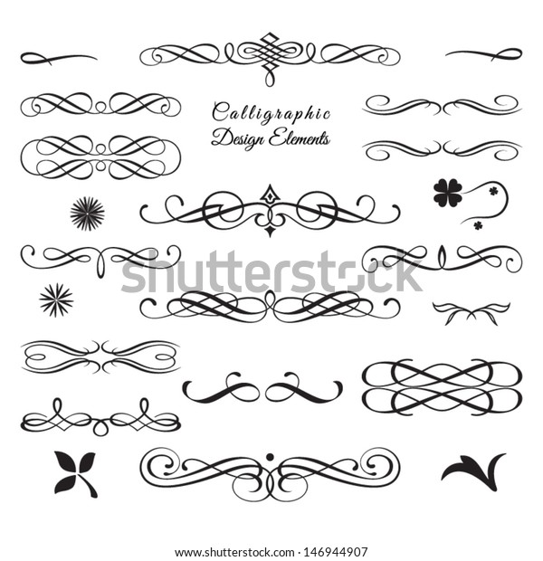Calligraphic decorative elements in vector\
format. Ideal for creative layout, greeting cards, invitations,\
books, brochures, stencil and many more\
uses.