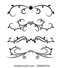 Calligraphic design element set with flowers and leafs. Vector illustration.