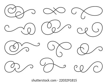 Calligraphic design element set, swirl twirl ornament. Decorative curls, swirls flourishes, divider, swashes and filigree line ornaments for menu, certificate, diploma, wedding card, invatation