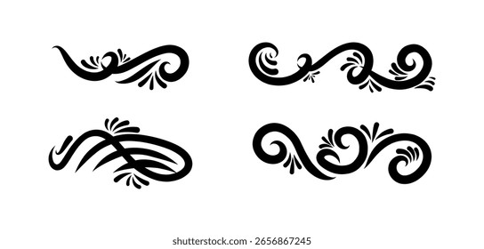 Elementos de diseño caligráficos blanco y negro, Ilustración vectorial de remolinos.