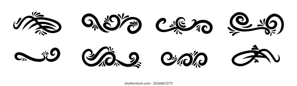 Calligraphic design elements Black and White, Swirls Vector Illustration.