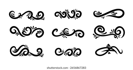 Calligraphic design elements Black and White, Swirls Vector Illustration.