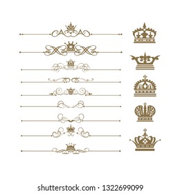 calligraphic design elements: borders, crown, scroll for graphic design, vector set