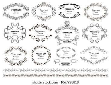 Elementos de diseño caligráficos. Remolinos o pergaminos decorativos, marcos vintage, florituras, etiquetas y divisores. Ilustración vectorial retro