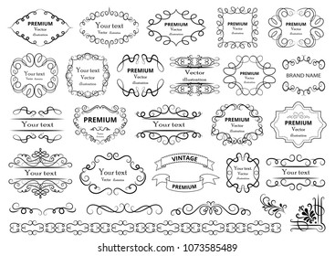 Calligraphic design elements . Decorative swirls or scrolls, vintage frames , flourishes, labels and dividers. Retro vector illustration