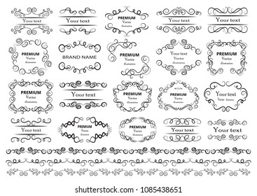 Calligraphic design elements . Decorative swirls or scrolls, vintage frames , flourishes, labels and dividers. Retro vector illustration