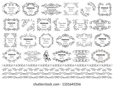 Calligraphic design elements . Decorative swirls or scrolls, vintage frames , flourishes, labels and dividers. Retro vector illustration