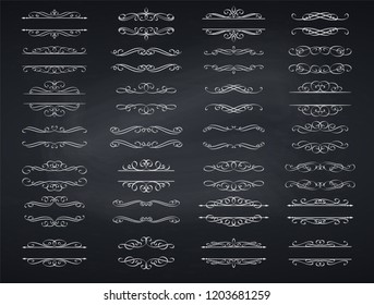 Calligraphic design elements . Decorative swirls or scrolls, vintage frames , flourishes and dividers. Retro vector illustration. Chalkboard style.