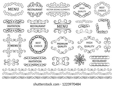 Calligraphic design elements . Decorative swirls or scrolls, vintage frames , flourishes, labels and dividers. Retro vector illustration