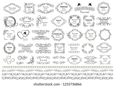 Calligraphic design elements . Decorative swirls or scrolls, vintage frames , flourishes, labels and dividers. Retro vector illustration