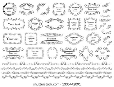 Calligraphic design elements . Decorative swirls or scrolls, vintage frames , flourishes, labels and dividers. Retro vector illustration