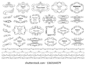 Calligraphic design elements . Decorative swirls or scrolls, vintage frames , flourishes, labels and dividers. Retro vector illustration.