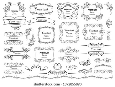 Calligraphic design elements . Decorative swirls or scrolls, vintage frames , flourishes, labels and dividers. Retro vector illustration.