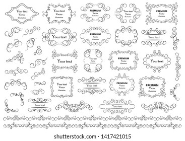 Calligraphic design elements . Decorative swirls or scrolls, vintage frames , flourishes, labels and dividers. Retro vector illustration.