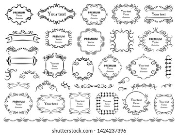 Calligraphic design elements . Decorative swirls or scrolls, vintage frames , flourishes, labels and dividers. Retro vector illustration.