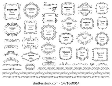 Calligraphic design elements . Decorative swirls or scrolls, vintage frames , flourishes, labels and dividers. Retro vector illustration.