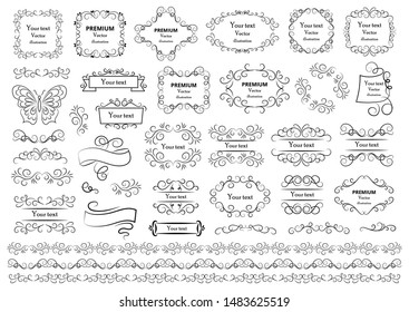 Calligraphic design elements . Decorative swirls or scrolls, vintage frames , flourishes, labels and dividers. Retro vector illustration.