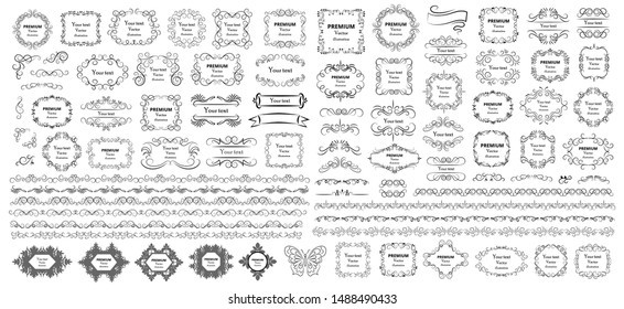 Calligraphic design elements . Decorative swirls or scrolls, vintage frames , flourishes, labels and dividers. Retro vector illustration.