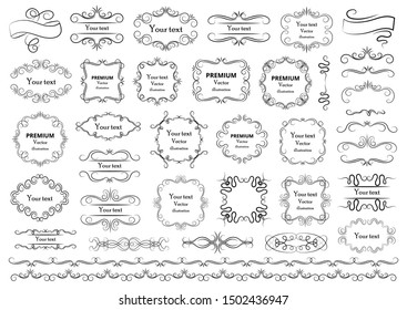 Calligraphic design elements . Decorative swirls or scrolls, vintage frames , flourishes, labels and dividers. Retro vector illustration.