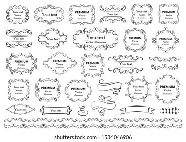 Calligraphic design elements . Decorative swirls or scrolls, vintage frames , flourishes, labels and dividers. Retro vector illustration.