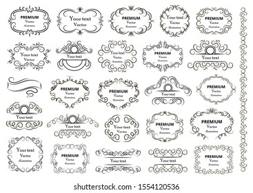 Calligraphic design elements . Decorative swirls or scrolls, vintage frames , flourishes, labels and dividers. Retro vector illustration.