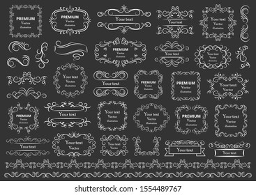 Calligraphic design elements . Decorative swirls or scrolls, vintage frames , flourishes, labels and dividers. Retro vector illustration.