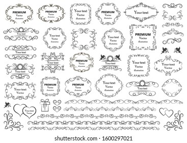 Calligraphic design elements . Decorative swirls or scrolls, vintage frames , flourishes, labels and dividers. Retro vector illustration.