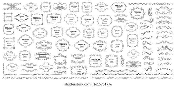 Calligraphic design elements . Decorative swirls or scrolls, vintage frames , flourishes, labels and dividers. Retro vector illustration.
