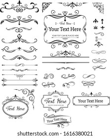 Calligraphic design elements . Decorative swirls or scrolls, vintage frames , flourishes, labels and dividers. Retro vector illustration