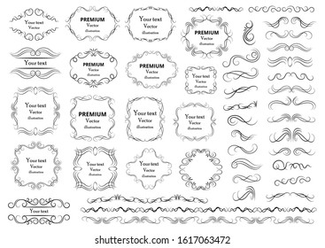Calligraphic design elements . Decorative swirls or scrolls, vintage frames , flourishes, labels and dividers. Retro vector illustration.