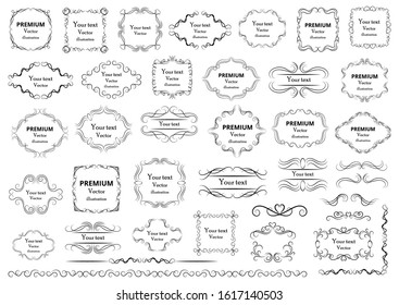 Calligraphic design elements . Decorative swirls or scrolls, vintage frames , flourishes, labels and dividers. Retro vector illustration.
