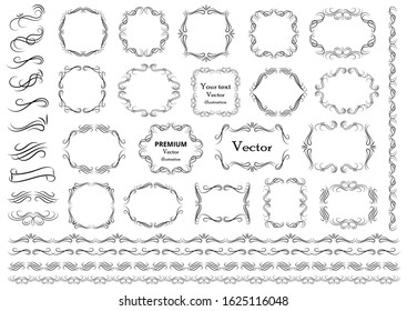 Calligraphic design elements . Decorative swirls or scrolls, vintage frames , flourishes, labels and dividers. Retro vector illustration.