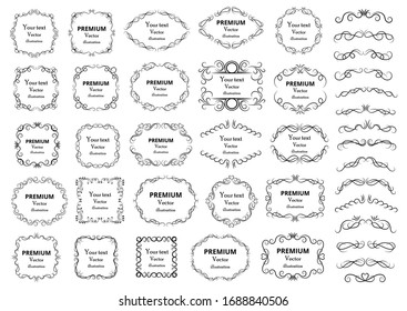 Calligraphic design elements . Decorative swirls or scrolls, vintage frames , flourishes, labels and dividers. Retro vector illustration.