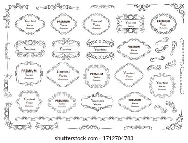 Calligraphic design elements . Decorative swirls or scrolls, vintage frames , flourishes, labels and dividers. Retro vector illustration.