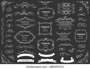 Calligraphic design elements . Decorative swirls or scrolls, vintage frames , flourishes, labels and dividers. Retro vector illustration.