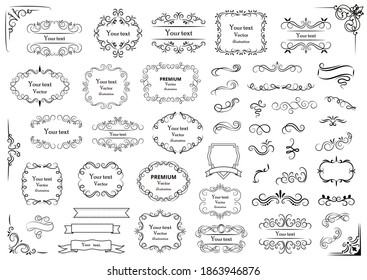 Calligraphic design elements . Decorative swirls or scrolls, vintage frames , flourishes, labels and dividers. Retro vector illustration