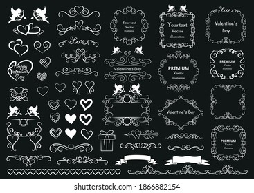 Calligraphic design elements . Decorative swirls and scrolls, vintage frames , flourishes, labels and dividers. Valentine's day special pack design elements. Retro vector illustration
