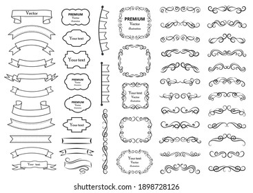 Calligraphic design elements . Decorative swirls or scrolls, vintage frames , flourishes, labels and dividers. Ribbon elements. Retro vector illustration