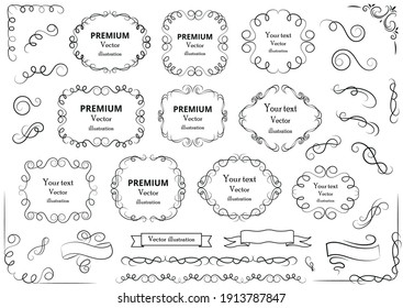 Calligraphic Design Elements . Decorative Swirls Or Scrolls, Vintage Frames , Flourishes, Labels And Dividers. Retro Vector Illustration