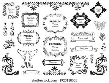 Calligraphic design elements . Decorative swirls or scrolls, vintage frames , flourishes, labels and dividers. Retro vector illustration	