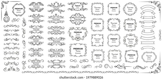 Calligraphic design elements . Decorative swirls or scrolls, vintage frames , flourishes, labels and dividers. Retro vector illustration