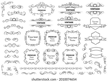 Calligraphic design elements . Decorative swirls or scrolls, vintage frames , flourishes, labels and dividers. Retro vector illustration