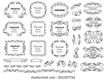 Calligraphic design elements . Decorative swirls or scrolls, vintage frames , flourishes, labels and dividers. Retro vector illustration