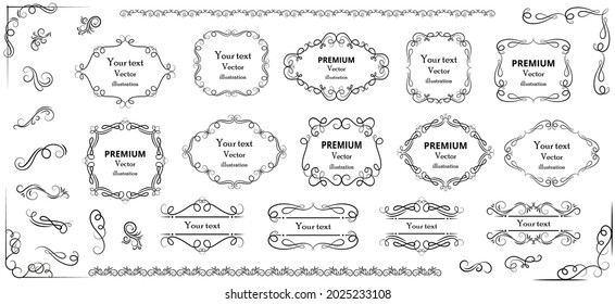 Calligraphic design elements . Decorative swirls or scrolls, vintage frames , flourishes, labels and dividers. Retro vector illustration