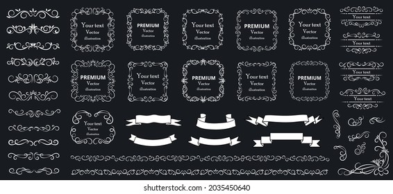 Kalligrafische Gestaltungselemente. Dekorative Schwirbel oder Rollen, Vintage-Rahmen, Blüten, Etiketten und Trennwände. Retro-Vektorgrafik
