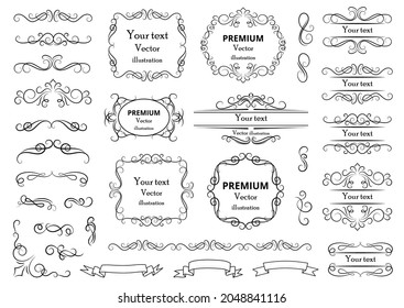 Calligraphic design elements . Decorative swirls or scrolls, vintage frames , flourishes, labels and dividers. Retro vector illustration.