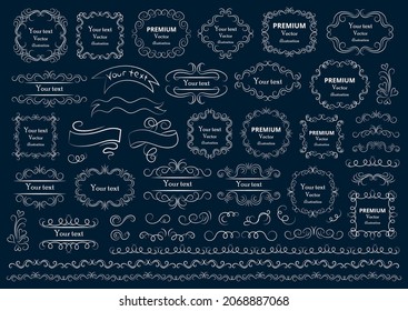 Kalligrafische Gestaltungselemente. Dekorative Schwirbel oder Rollen, Vintage-Rahmen, Blüten, Etiketten und Trennwände. Retro, Vektorgrafik.