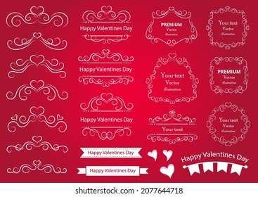 Elementos de diseño caligráfico. Remolques decorativos y rollos, marcos vintage, florecientes, etiquetas y divisores. Elementos de diseño de paquetes especiales del día de San Valentín. Ilustración vectorial retro.
